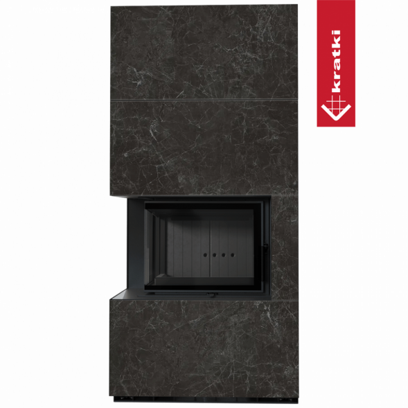 Каминокомплект Kratki PRO FLOKI NATURALI NERO GRECO, угловое стекло слева (Чёрная футеровка)